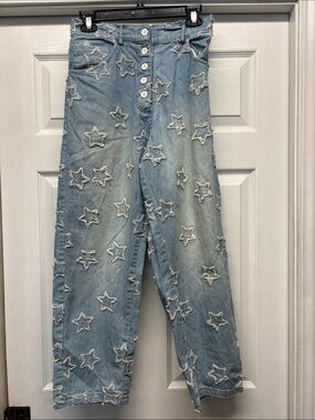 Paper Lace Light Blue Patchwork Star  Pink Embroidered Button Fly Jeans Small